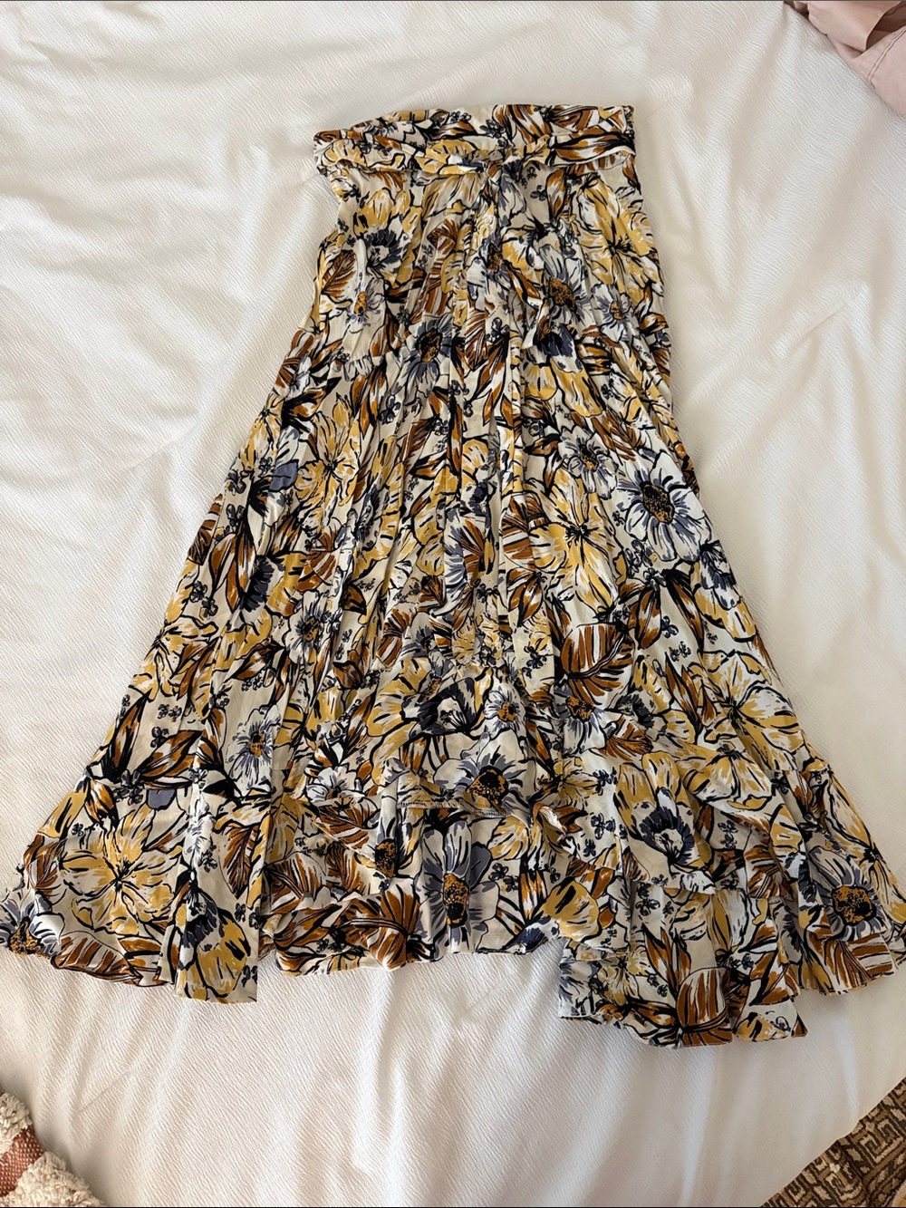 Faithfull the Brand Floral Midi Skirt in Mustard, Blue, Cream, Brown, and Black